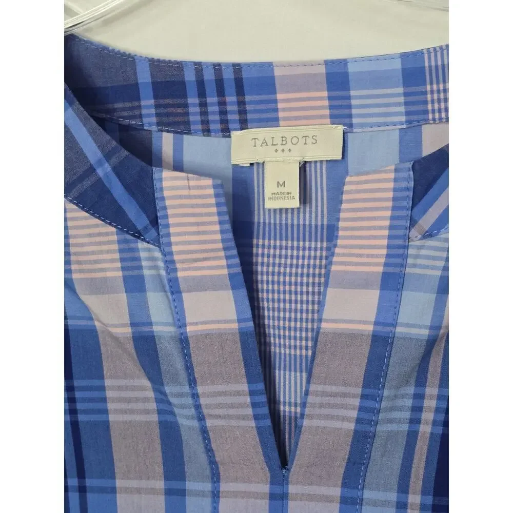 Talbots Cotton Plaid Blouse Blouse Pink/ Blue Bell Sleeves Casual Sz Medium